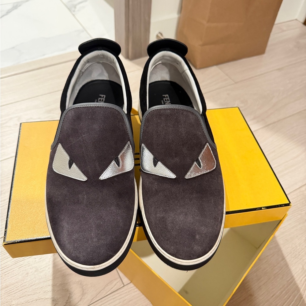 Fendi Men's Black and Silver Slip-On Loafers